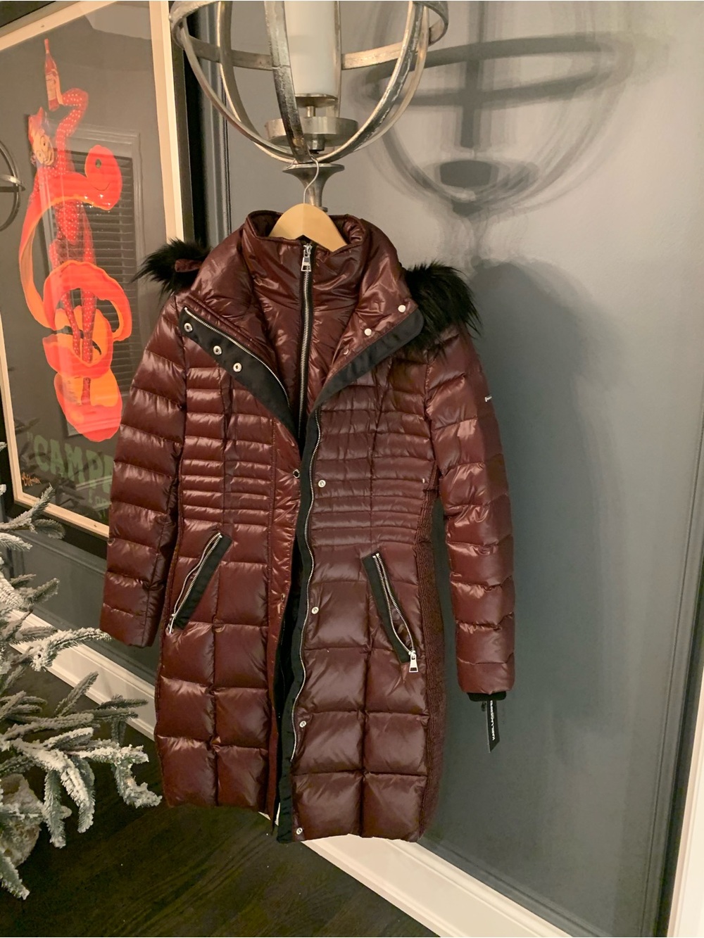 Women's Burgundy Quilted Long Puffer Coat with Faux Fur Trim